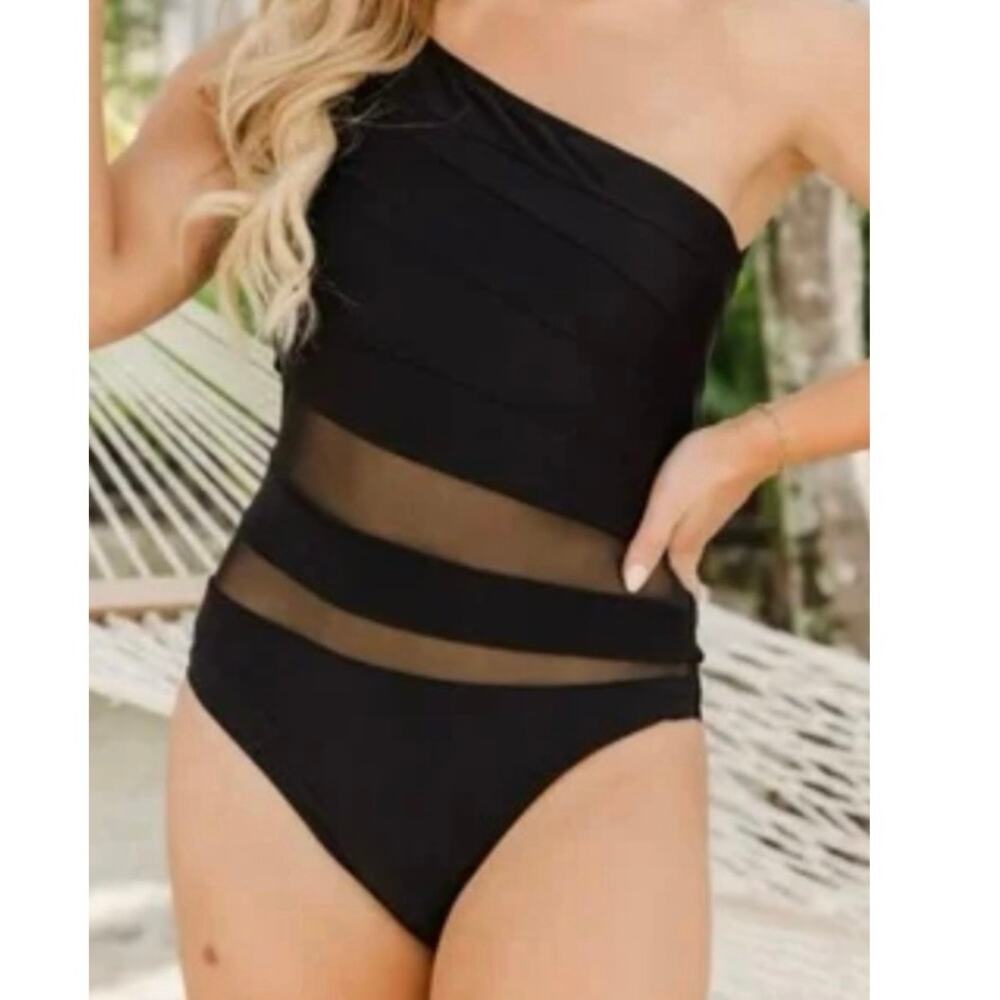 Pink Lily Black One Shoulder Mesh Panel One Piece SwimSuit Size M